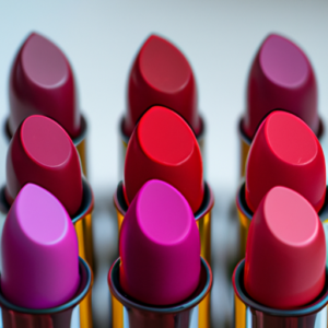 A close-up of a variety of lipsticks in a range of shades, arranged in a color wheel.