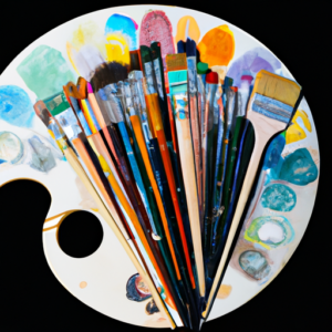 A paint palette with a variety of blending brushes arranged in a fan shape.