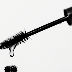 A close-up of a mascara wand with a drop of mascara forming on the end.